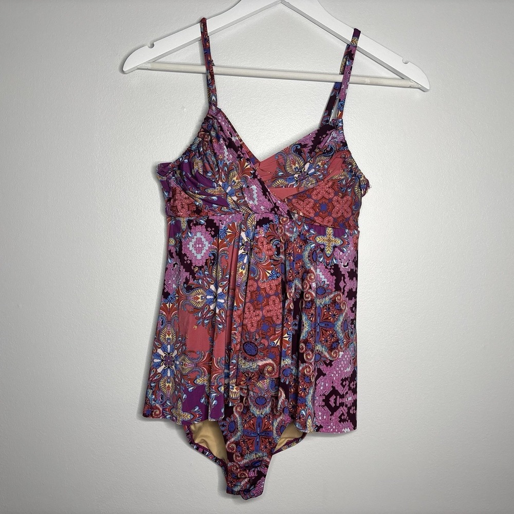 Garnet Hill Surplice Wrap Front One Piece Swimsuit Paisley Print Boho 4 Colorful